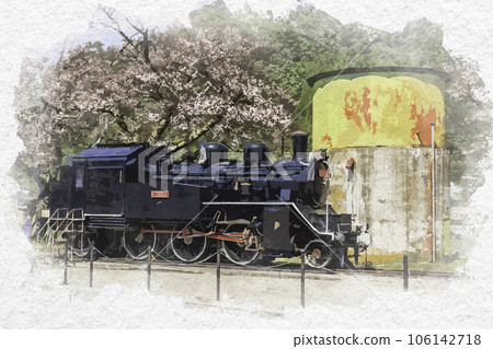 鳥取縣八津郡若狹町水彩風格的若狹站C12和水塔 106142718