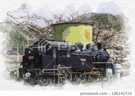 鳥取縣八津郡若狹町水彩風格的若狹站C12和水塔 106142720