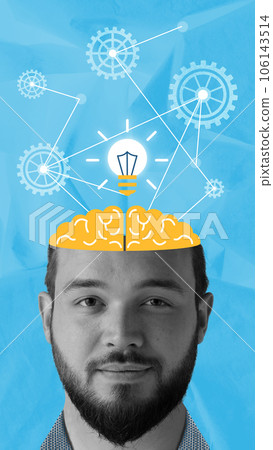 Contemporary art collage. Banner. Smiling man with open black and white head with gear wheels inside which generate new electric bulb. Contemporary art collage. Banner. Smiling man with open black and white head with gear wheels inside which generate new electric bulb. 106143514