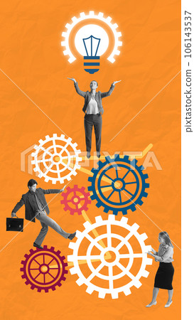 Contemporary art collage. Black and white business people fixing colorful gears wheels to get new electric bulb symbolizing ideas. Contemporary art collage. Black and white business people fixing colorful gears wheels to get new electric bulb symbolizing ideas. 106143537