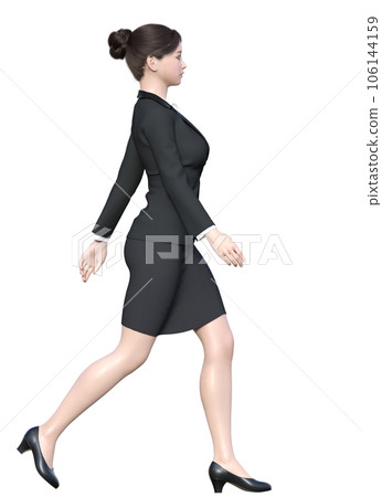 Full-body 3D illustration of a career woman walking briskly with a light step Full-body 3D illustration of a career woman walking briskly with a light step 106144159