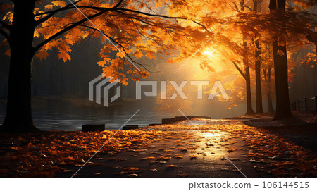 The road in the park strewn with autumn leaves. Autumn landscape of the long road. autumn concept.  106144515