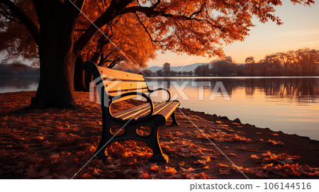 Autumn landscape of lake with beautiful autumn trees and bench Autumn landscape of lake with beautiful autumn trees and bench 106144516