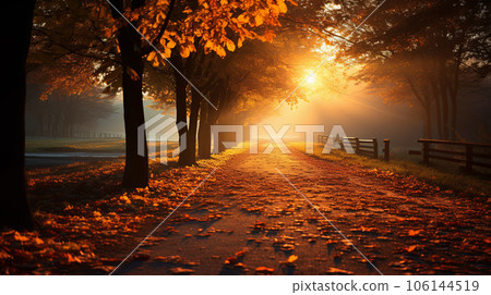 The road in the park strewn with autumn leaves. Autumn landscape of the long road. autumn concept.  106144519