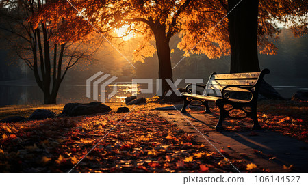 Autumn landscape of lake with beautiful autumn trees and bench 106144527