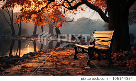 Autumn landscape of lake with beautiful autumn trees and bench Autumn landscape of lake with beautiful autumn trees and bench 106144584