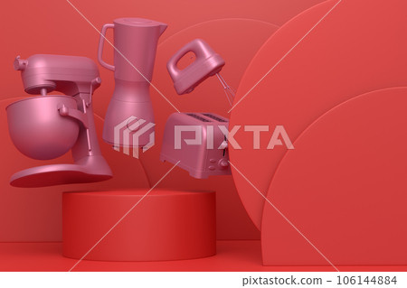 Abstract scene or podium with kitchen appliances and utensils on monochrome. Abstract scene or podium with kitchen appliances and utensils on monochrome. 106144884