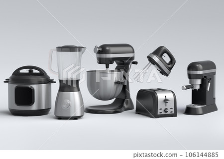 Kitchen appliances and utensils for making breakfast on white background 106144885