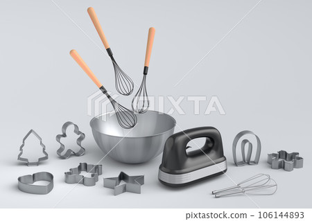Metal bowl with bowl and cookie cutters on white background 106144893