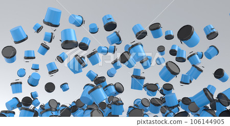 Many of flying plastic cans or buckets on white background. Many of flying plastic cans or buckets on white background. 106144905