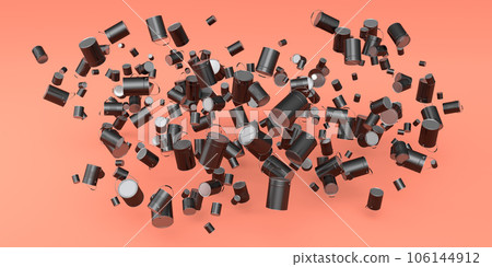 Many of flying metal cans or buckets on pink background. 106144912