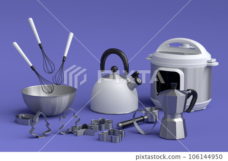 Espresso coffee machine, hand mixer, kettle and toaster on violet background. 106144950