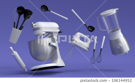 Mixer and bowl with kitchen utensil for preparation of dough on violet 106144952