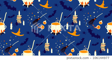 Halloween background, pattern design with witch elements. Magical, witchy powers concept design. witch craft icons broom, cauldron, spiders, magic books, potions,  candle, fire, hat 106144977
