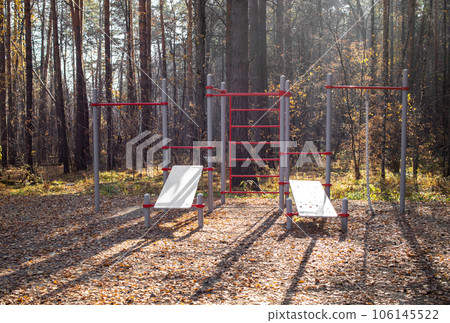 Sunlit modern sports ground with metal fitness equipment in autumn urban forest park. Sunlit modern sports ground with metal fitness equipment in autumn urban forest park. 106145522