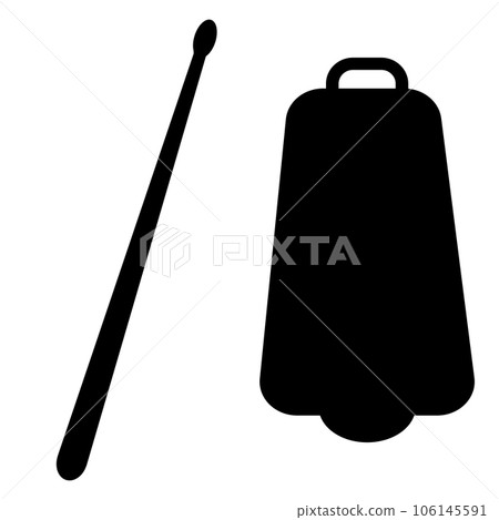 Cowbell icon. Cowbell and Drumstick sign. Cowbell with Stick musical instrument symbol. flat style. 106145591