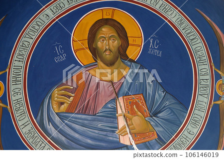 Jesus Christ, fresco in the Church of Saint Paraskeva of the Balkans near Saint Naum Monastery, Ohrid in Macedonia 106146019