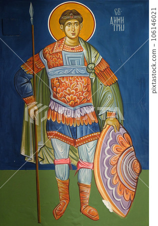 Saint Demetrios of Thessaloniki, fresco in the Church of Saint Paraskeva of the Balkans near Saint Naum Monastery, Ohrid in Macedonia 106146021