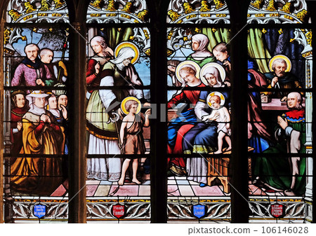 St. John the Baptist introduced by his mother, St. Elizabeth, the Infant Jesus and the Holy Kinship, stained glass window in Saint Severin church in Paris 106146028