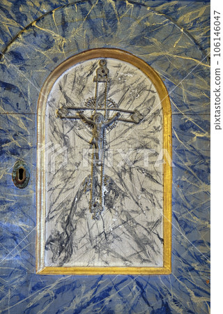 Cross, door of tabernacle on the altar in the Church of the Saint Barbara in Velika Mlaka, Croatia Cross, door of tabernacle on the altar in the Church of the Saint Barbara in Velika Mlaka, Croatia 106146047