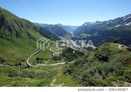 The St. Gotthard Pass, which has been built starting 1827, connects the two Swiss cantons Uri and Ticino, Switzerland 106146067
