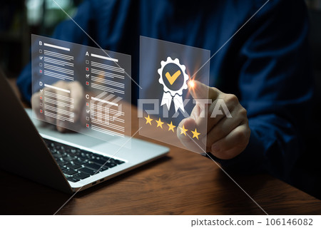 Customer or client review best and excellent service quality feedback. Internet online survey, good evaluation rating and ranking five star. 106146082