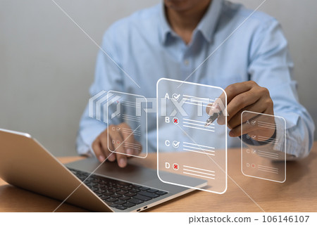 man chooses questionnaire with checkbox, survey form online, answer questions in the exam of test business checklist and filling survey form online using technology for education, learning. man chooses questionnaire with checkbox, survey form online, answer questions in the exam of test business checklist and filling survey form online using technology for education, learning. 106146107