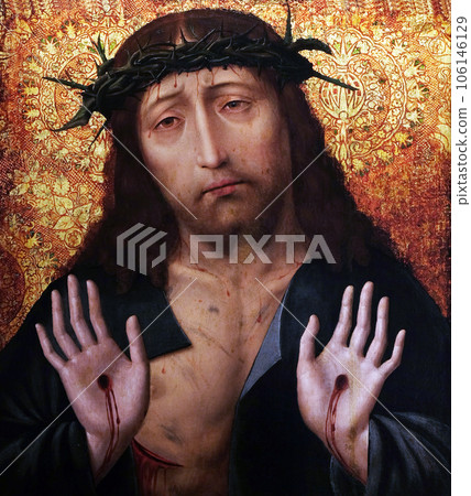 Man of Sorrows, Circle of Aelbert Bouts, oil on wood, 16 century, the Passion in Art from Mimara Museum in Zagreb, Croatia Man of Sorrows, Circle of Aelbert Bouts, oil on wood, 16 century, the Passion in Art from Mimara Museum in Zagreb, Croatia 106146129