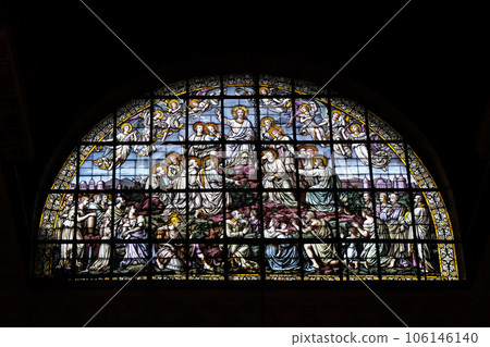 Jesus in glory and the apostles by Edouard Amedee Didron, stained glass window in Saint Thomas Aquinas in Paris, France Jesus in glory and the apostles by Edouard Amedee Didron, stained glass window in Saint Thomas Aquinas in Paris, France 106146140