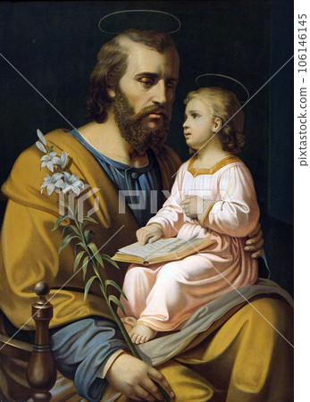Saint Joseph holding child Jesus, painting in the Saint Nicholas church in Petschied near Luson, Italy 106146145