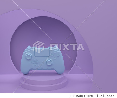 Video game joystick on cylinder podium with steps on monochrome background. 3d render of display product like streaming gear for cloud gaming and gamer workspace concept 106146237
