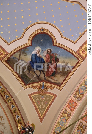 Flight to Egypt, fresco in the church of Saint Matthew in Stitar, Croatia Flight to Egypt, fresco in the church of Saint Matthew in Stitar, Croatia 106146287