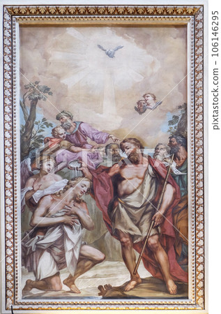 Baptsm of the Lord, fresco in the basilica of Saint Andrew in Mantua, Italy Baptsm of the Lord, fresco in the basilica of Saint Andrew in Mantua, Italy 106146295