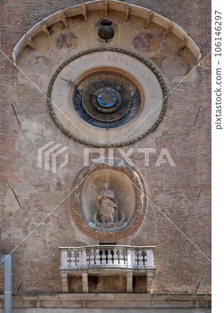 Clock tower of Palace of Reason (Palazzo della Ragione with the Torre dell'Orologio) in Mantua, Italy 106146297