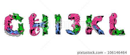 GHIJKL. Latin letters in cute childish style. Vector isolated colorful lettering with animals. 106146464