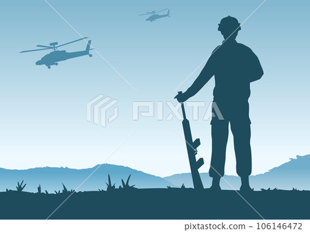 Background of war in situation of soldier standing and hold gun to defend army base 106146472