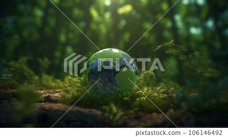 World Environment Day. A glass ball in the form of a planet lies on grass against the background of forest. AI-generated. Ecology. 106146492