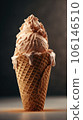 Vertical appetizing caramel ice cream on the table. Dessert. Ice cream in a waffle cup melts while standing on a white table, surrounded by waffle crumbs 106146510