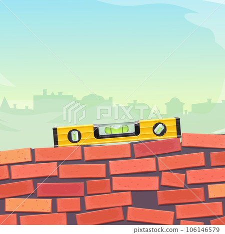 spirit level on top bad brick wall 106146579
