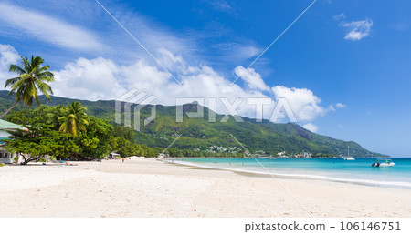 Panoramic landscape of Beau Vallon beach on a sunny summer day Panoramic landscape of Beau Vallon beach on a sunny summer day 106146751