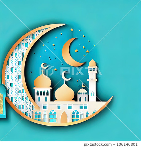 Ramadan Kareem! Vector illustration of abstract paper cut mosque, crescent, pattern, window and street , background or wallpaper. 106146801