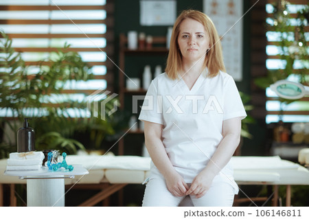 female medical massage therapist looking at camera female medical massage therapist looking at camera 106146811