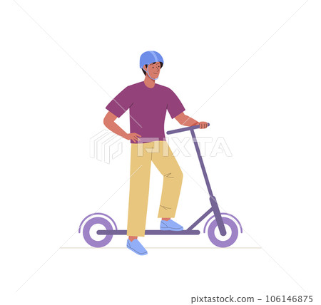 Young smiling man standing with electric scooter in helmet. Driving Eco transport. Sports outdoor activity Young smiling man standing with electric scooter in helmet. Driving Eco transport. Sports outdoor activity 106146875