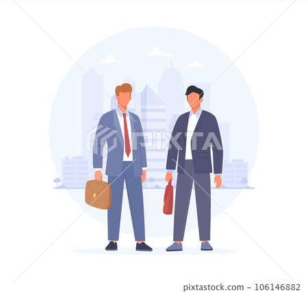 Business people in suits standing on the city background. Two male character holding briefcases 106146882