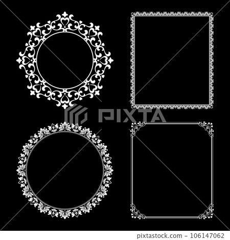 Set of decorative frames Elegant vector element for design in Eastern style, place for text. Floral black and white borders. Lace illustration for invitations and greeting cards. Set of decorative frames Elegant vector element for design in Eastern style, place for text. Floral black and white borders. Lace illustration for invitations and greeting cards. 106147062