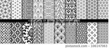 Geometric floral set of seamless patterns. White and black vector backgrounds. Damask graphic ornaments. Geometric floral set of seamless patterns. White and black vector backgrounds. Damask graphic ornaments. 106147063