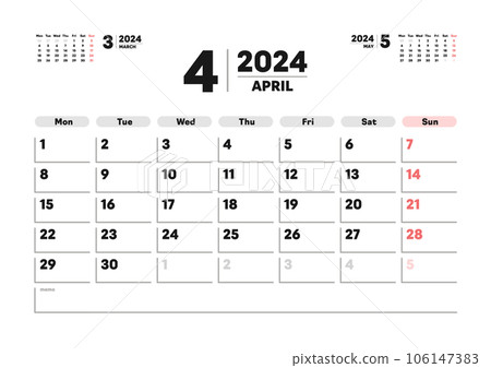 2024 年 4 月日曆 - 從星期一開始的月曆 - 3 個月,無假期,A 版本比例 2024 年 4 月日曆 - 從星期一開始的月曆 - 3 個月,無假期,A 版本比例 106147383