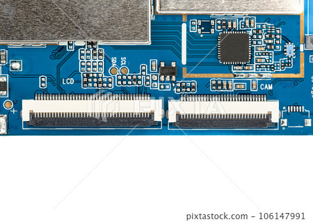 Close-up top view of connectors on an electronic circuit board. Close-up top view of connectors on an electronic circuit board. 106147991