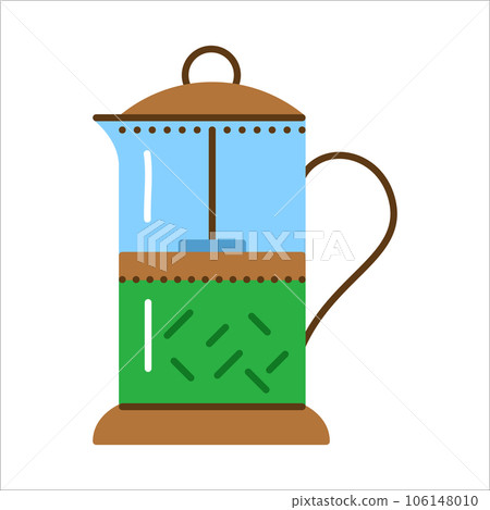 Glass teapot for coffee and tea. French press flat icon. Glass teapot for coffee and tea. French press flat icon. 106148010