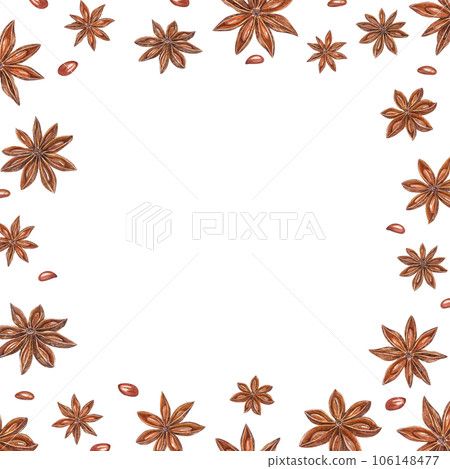 Watercolor square frame of star anise on white. Badian, Aniseed. Christmas and New Year hand drawn illustration of brown spices for greetings, cards, package 106148477